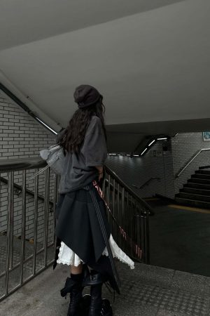 WARDEN EDGE Asymmetric Pinstripe Mini Skirt with Tie Detail and Lace Trim