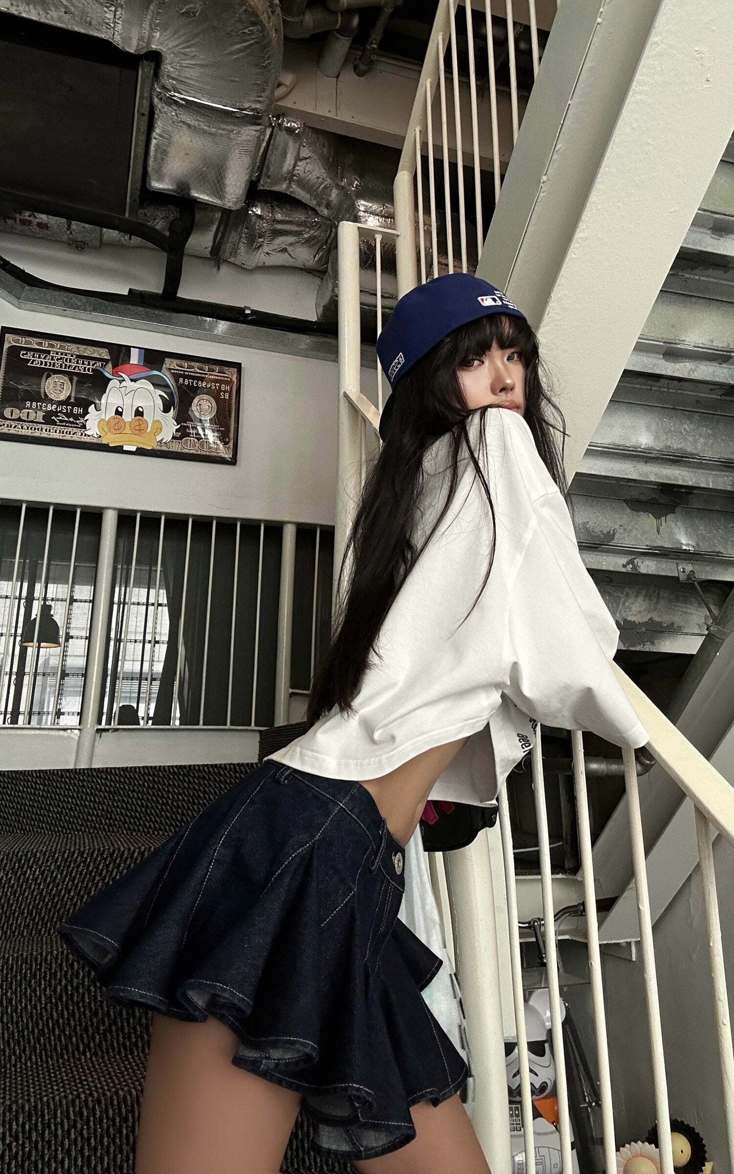 WARDEN EDGE Asymmetric Pleated Denim Mini Skirt with Built-in Shorts WARDEN EDGE Asymmetric Pleated Denim Mini Skirt with Built-in Shorts