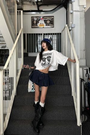 WARDEN EDGE Asymmetric Pleated Denim Mini Skirt with Built-in Shorts