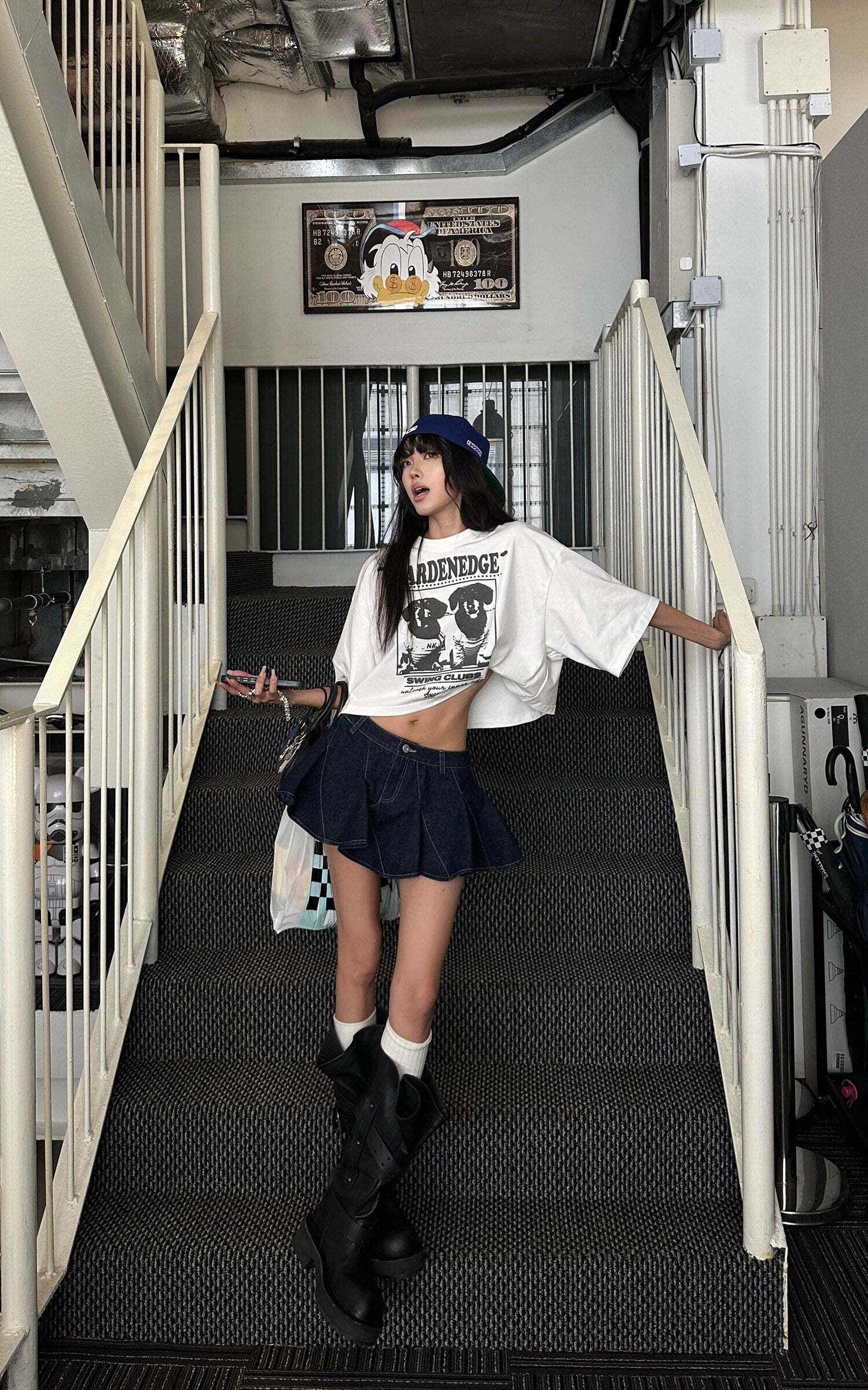 WARDEN EDGE Asymmetric Pleated Denim Mini Skirt with Built-in Shorts WARDEN EDGE Asymmetric Pleated Denim Mini Skirt with Built-in Shorts