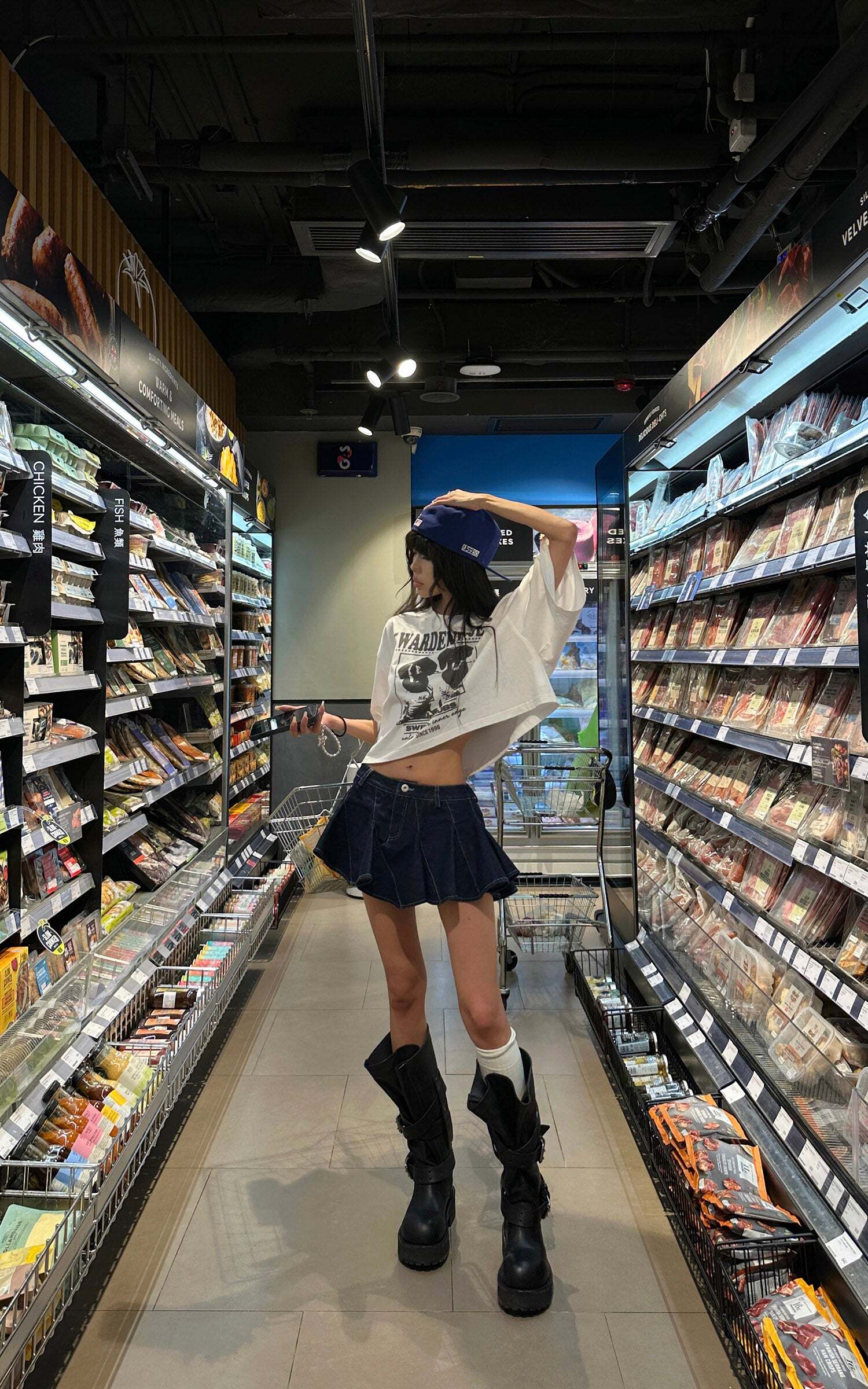 WARDEN EDGE Asymmetric Pleated Denim Mini Skirt with Built-in Shorts WARDEN EDGE Asymmetric Pleated Denim Mini Skirt with Built-in Shorts