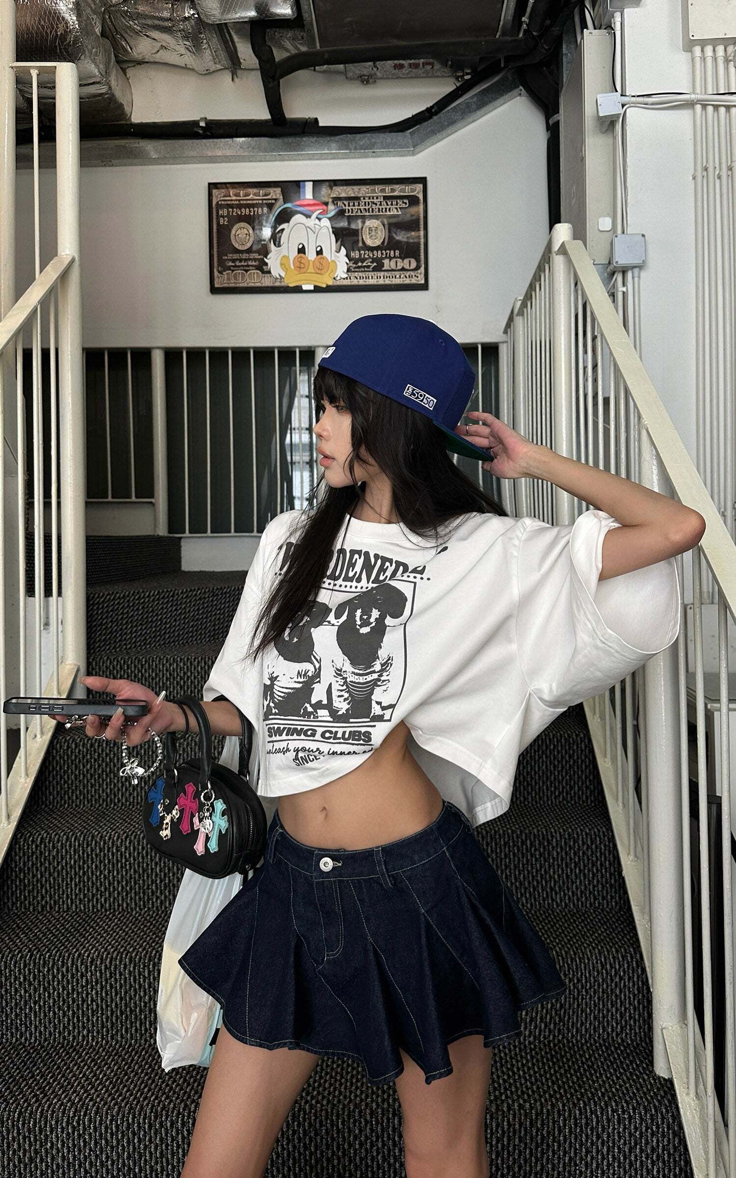 WARDEN EDGE Asymmetric Pleated Denim Mini Skirt with Built-in Shorts WARDEN EDGE Asymmetric Pleated Denim Mini Skirt with Built-in Shorts