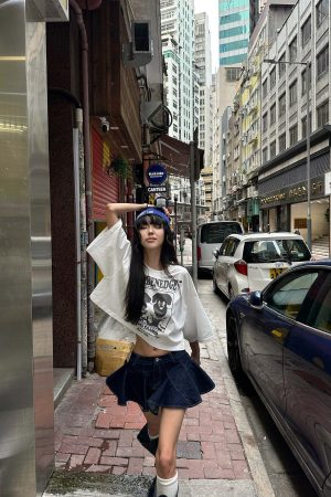 WARDEN EDGE Asymmetric Pleated Denim Mini Skirt with Built-in Shorts