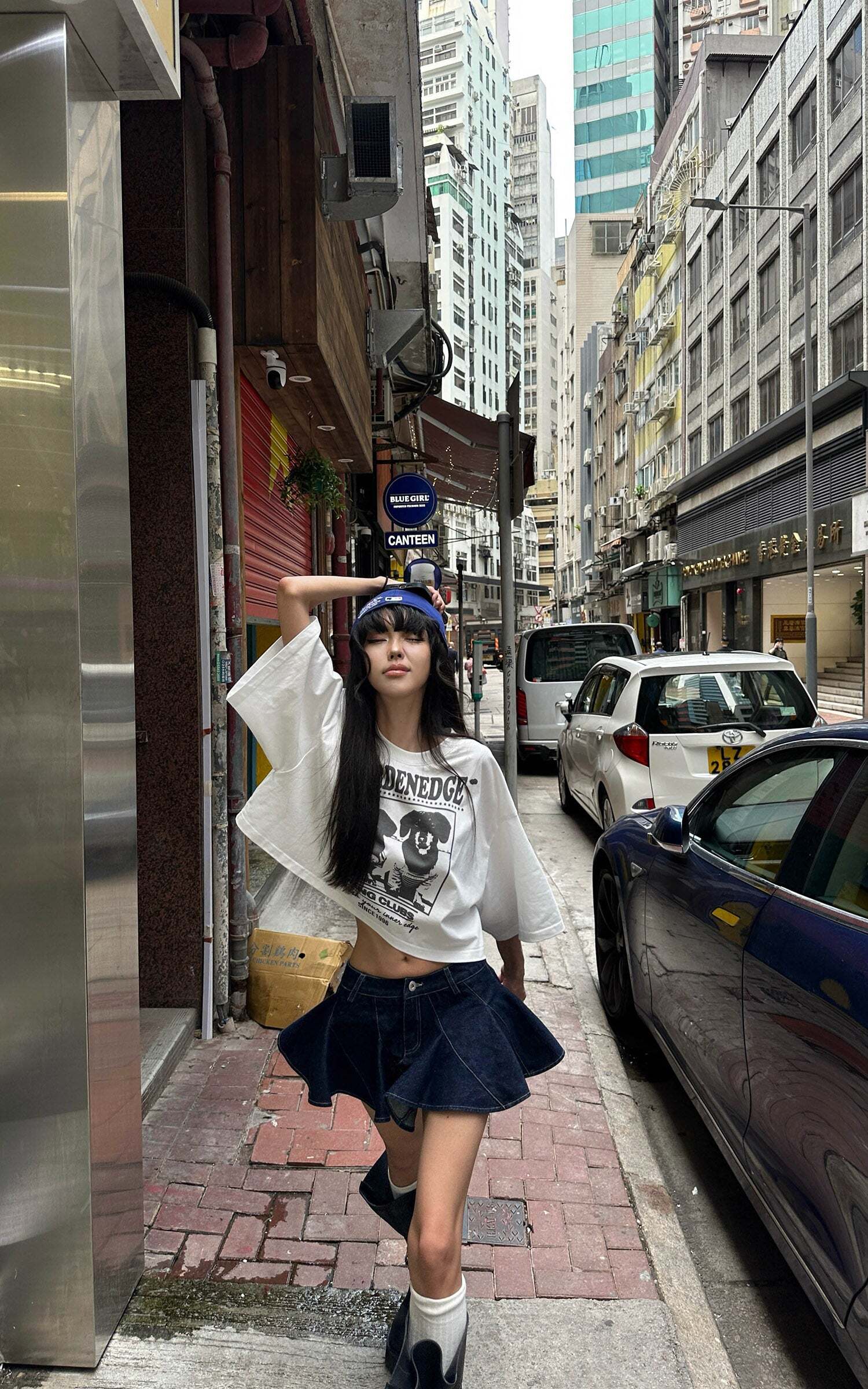 WARDEN EDGE Asymmetric Pleated Denim Mini Skirt with Built-in Shorts WARDEN EDGE Asymmetric Pleated Denim Mini Skirt with Built-in Shorts