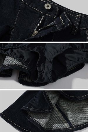 WARDEN EDGE Asymmetric Pleated Denim Mini Skirt with Built-in Shorts