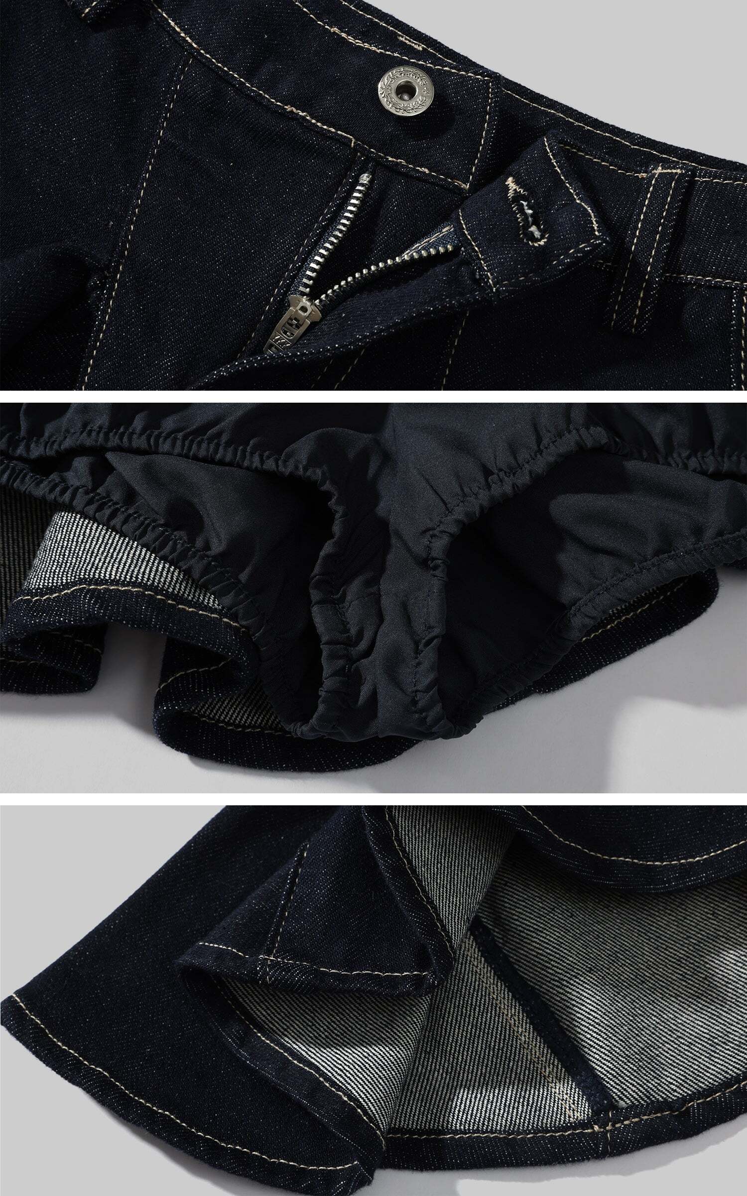 WARDEN EDGE Asymmetric Pleated Denim Mini Skirt with Built-in Shorts WARDEN EDGE Asymmetric Pleated Denim Mini Skirt with Built-in Shorts