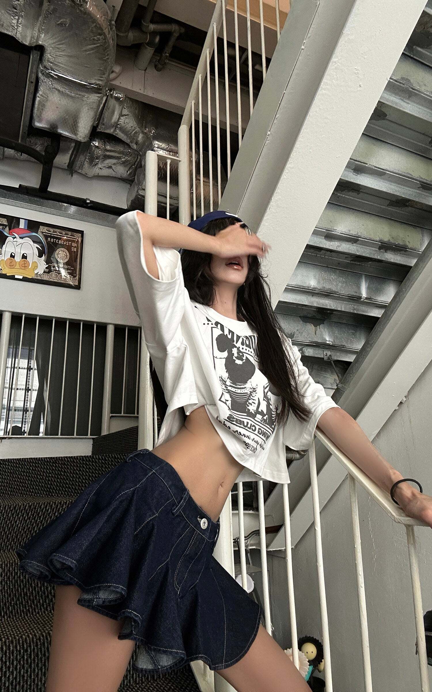 WARDEN EDGE Asymmetric Pleated Denim Mini Skirt with Built-in Shorts WARDEN EDGE Asymmetric Pleated Denim Mini Skirt with Built-in Shorts