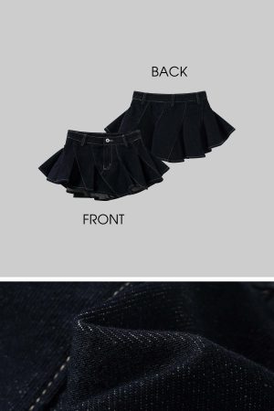 WARDEN EDGE Asymmetric Pleated Denim Mini Skirt with Built-in Shorts