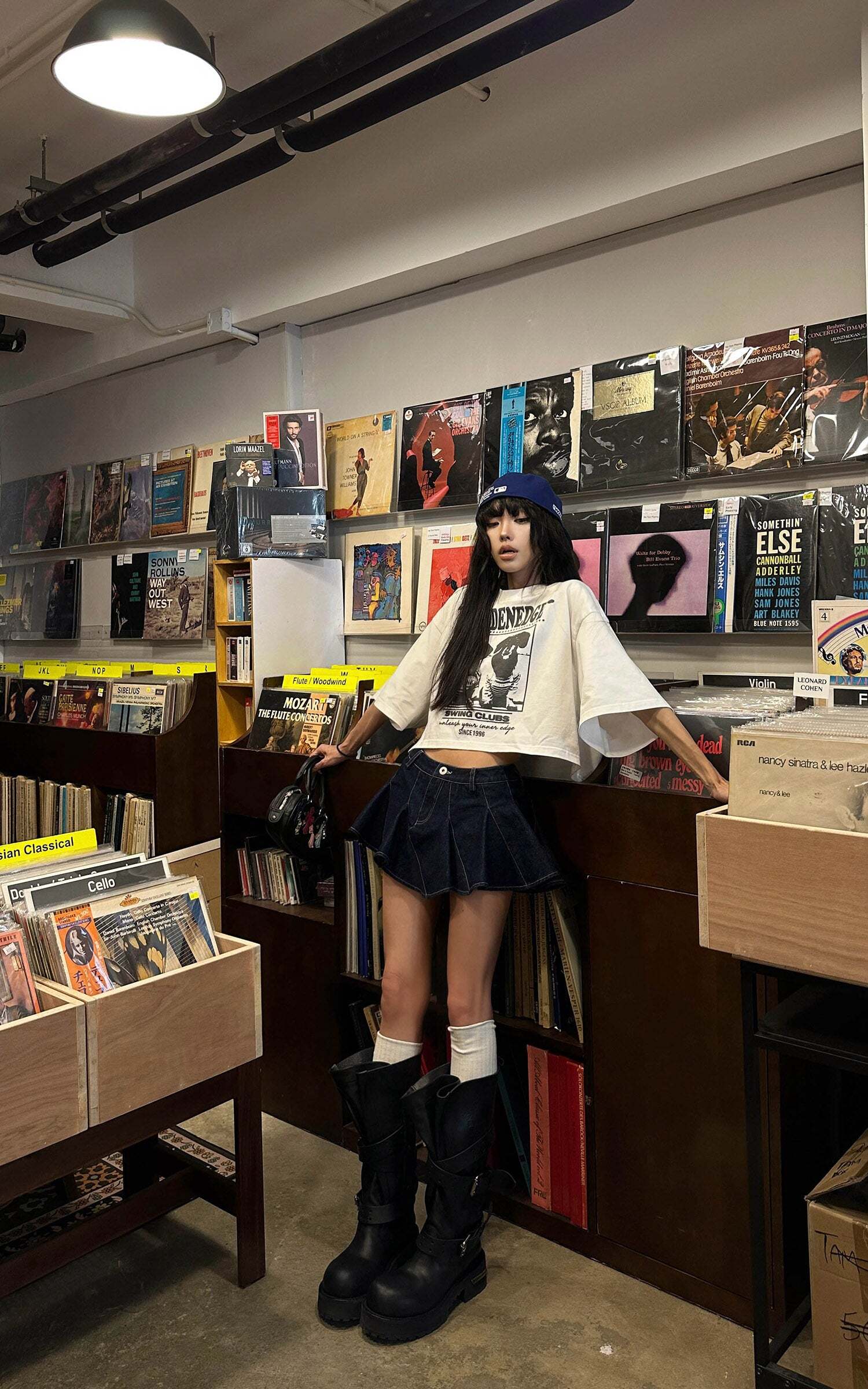 WARDEN EDGE Asymmetric Pleated Denim Mini Skirt with Built-in Shorts WARDEN EDGE Asymmetric Pleated Denim Mini Skirt with Built-in Shorts