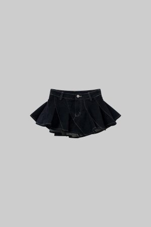 WARDEN EDGE Asymmetric Pleated Denim Mini Skirt with Built-in Shorts