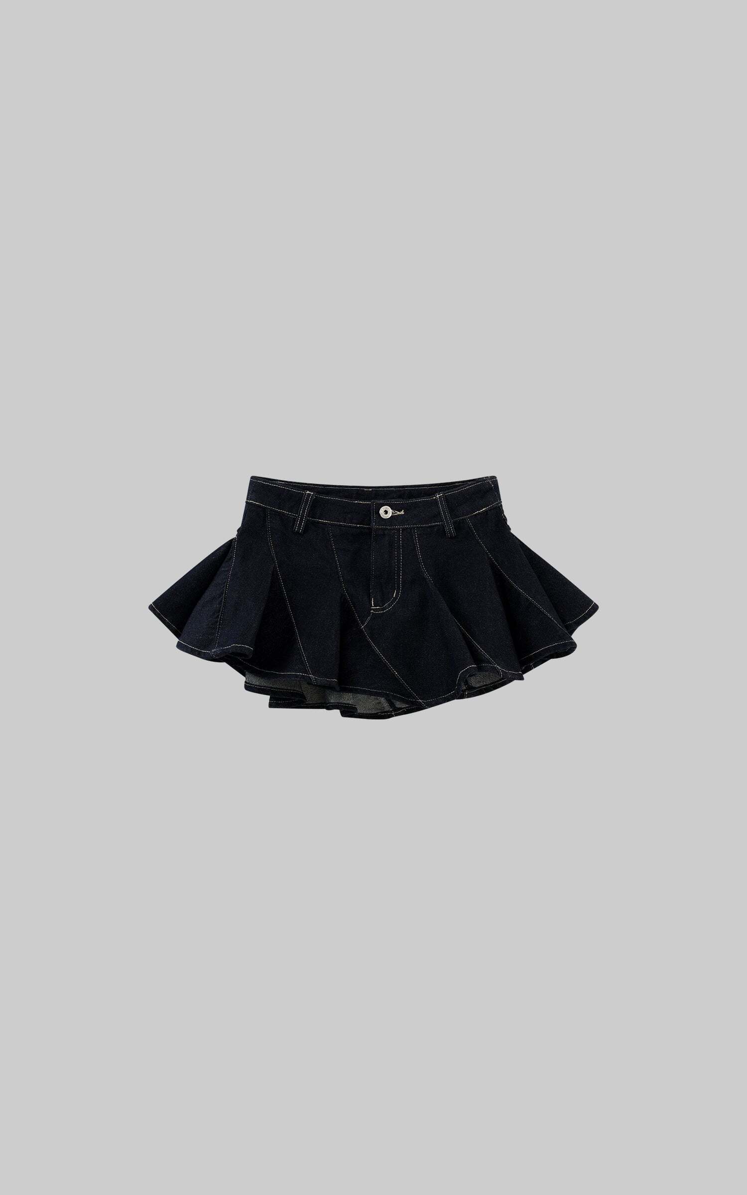 WARDEN EDGE Asymmetric Pleated Denim Mini Skirt with Built-in Shorts WARDEN EDGE Asymmetric Pleated Denim Mini Skirt with Built-in Shorts
