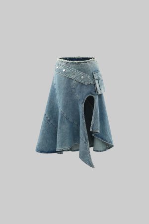 WARDEN EDGE Asymmetric Pocket Flare Denim Skirt with Deconstructed Belt Detail