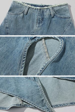 WARDEN EDGE Asymmetric Pocket Flare Denim Skirt with Deconstructed Belt Detail