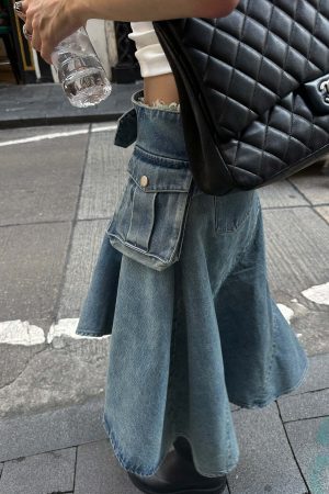 WARDEN EDGE Asymmetric Pocket Flare Denim Skirt with Deconstructed Belt Detail