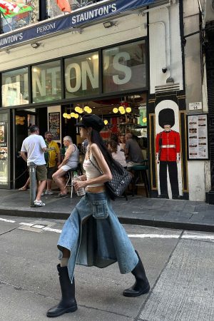 WARDEN EDGE Asymmetric Pocket Flare Denim Skirt with Deconstructed Belt Detail