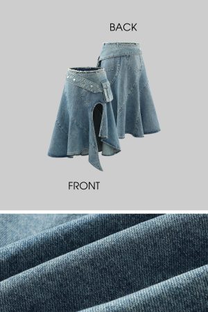 WARDEN EDGE Asymmetric Pocket Flare Denim Skirt with Deconstructed Belt Detail
