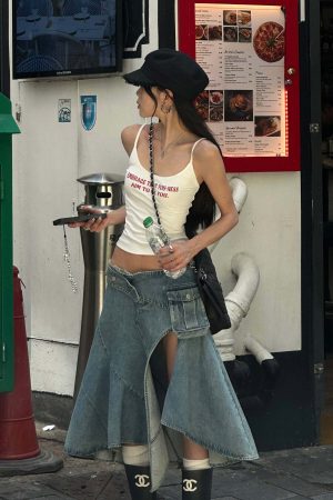 WARDEN EDGE Asymmetric Pocket Flare Denim Skirt with Deconstructed Belt Detail