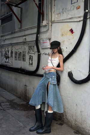 WARDEN EDGE Asymmetric Pocket Flare Denim Skirt with Deconstructed Belt Detail