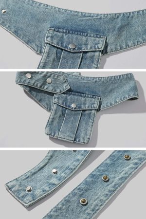 WARDEN EDGE Asymmetric Pocket Flare Denim Skirt with Deconstructed Belt Detail