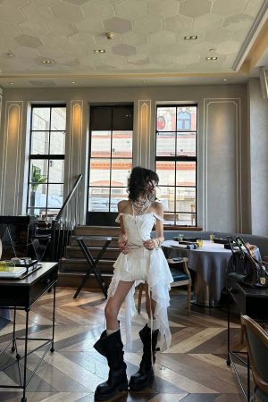 WARDEN EDGE Asymmetric Ruffled Mini Dress with Corset Detailing and Off-Shoulder Straps