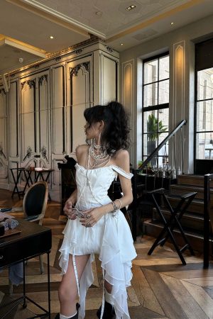 WARDEN EDGE Asymmetric Ruffled Mini Dress with Corset Detailing and Off-Shoulder Straps