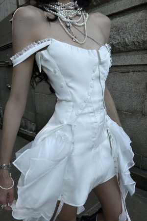 WARDEN EDGE Asymmetric Ruffled Mini Dress with Corset Detailing and Off-Shoulder Straps