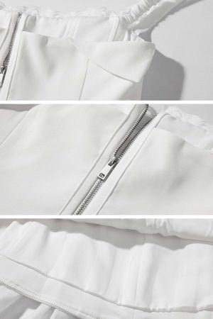 WARDEN EDGE Asymmetric Ruffled Mini Dress with Corset Detailing and Off-Shoulder Straps