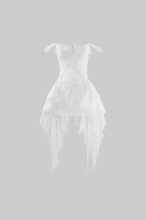 WARDEN EDGE Asymmetric Ruffled Mini Dress with Corset Detailing and Off-Shoulder Straps