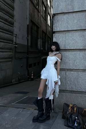 WARDEN EDGE Asymmetric Ruffled Mini Dress with Corset Detailing and Off-Shoulder Straps