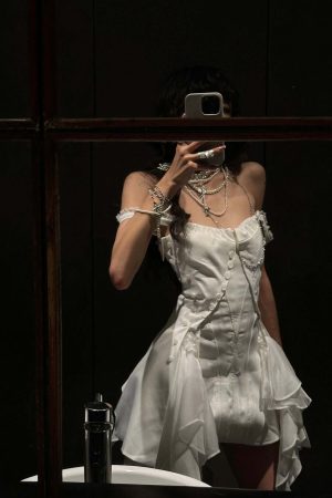 WARDEN EDGE Asymmetric Ruffled Mini Dress with Corset Detailing and Off-Shoulder Straps