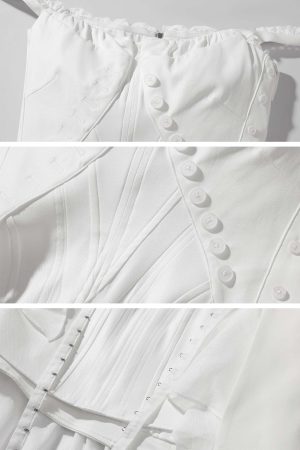 WARDEN EDGE Asymmetric Ruffled Mini Dress with Corset Detailing and Off-Shoulder Straps