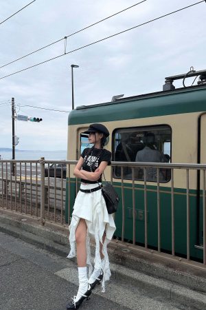 WARDEN EDGE Asymmetrical Skirt with Lace Streamers