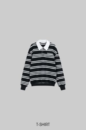 WARDEN EDGE Black Striped Polo Knit T-Shirt