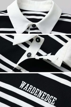 WARDEN EDGE Black Striped Polo Knit T-Shirt