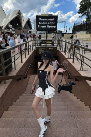 WARDEN EDGE Corset Dress with Tiered Pleated Hem and Side Lace-Up Detail