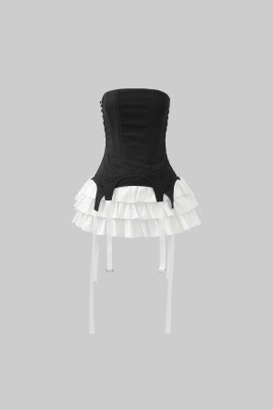 WARDEN EDGE Corset Dress with Tiered Pleated Hem and Side Lace-Up Detail