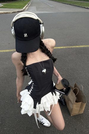 WARDEN EDGE Corset Dress with Tiered Pleated Hem and Side Lace-Up Detail