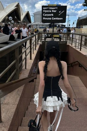 WARDEN EDGE Corset Dress with Tiered Pleated Hem and Side Lace-Up Detail