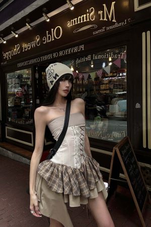 WARDEN EDGE Corset Mini Dress with Plaid Layers