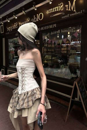 WARDEN EDGE Corset Mini Dress with Plaid Layers