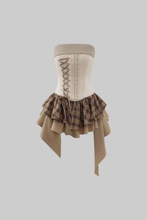 WARDEN EDGE Corset Mini Dress with Plaid Layers