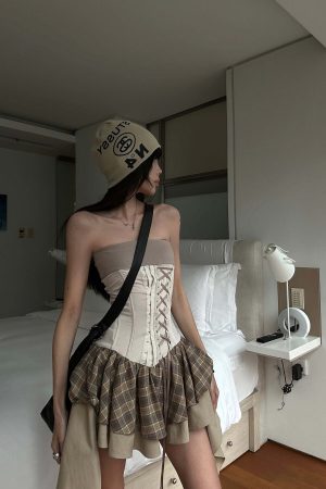 WARDEN EDGE Corset Mini Dress with Plaid Layers