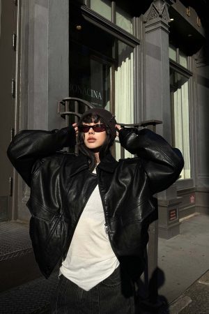 WARDEN EDGE Cropped Leather Jacket with Epaulettes and Utility Pockets