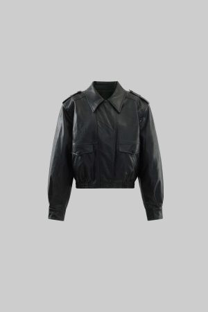 WARDEN EDGE Cropped Leather Jacket with Epaulettes and Utility Pockets