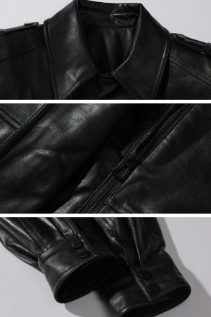 WARDEN EDGE Cropped Leather Jacket with Epaulettes and Utility Pockets