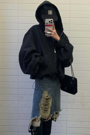 WARDEN EDGE Distressed Denim Midi Skirt with Asymmetrical Hem