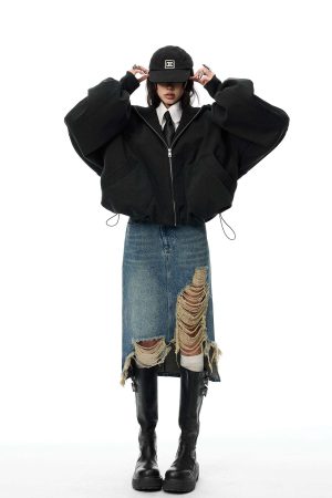 WARDEN EDGE Distressed Denim Midi Skirt with Asymmetrical Hem