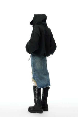 WARDEN EDGE Distressed Denim Midi Skirt with Asymmetrical Hem