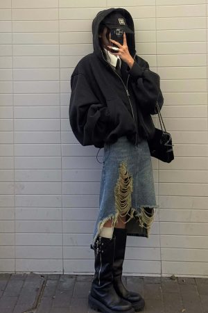 WARDEN EDGE Distressed Denim Midi Skirt with Asymmetrical Hem