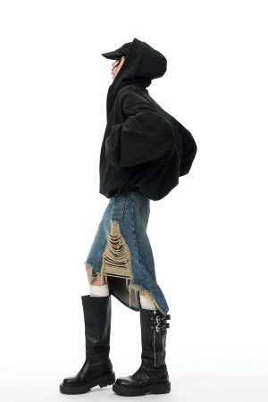 WARDEN EDGE Distressed Denim Midi Skirt with Asymmetrical Hem